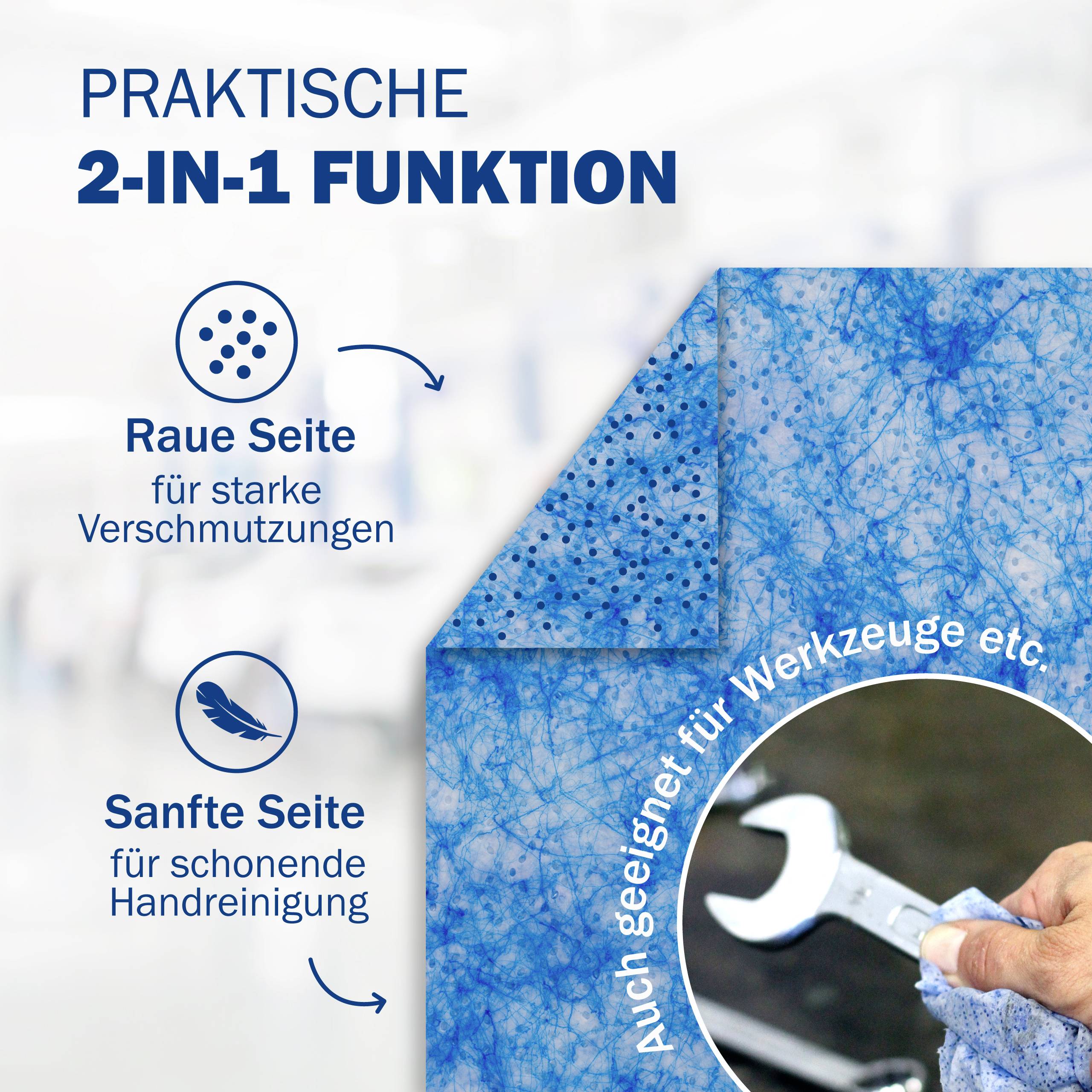 Ein Produktbild zeigt Tücher mit '2-in-1 Funktion'. Stark strukturiert für Reinigung, glatt zur Handpflege, inklusive Werkzeug.