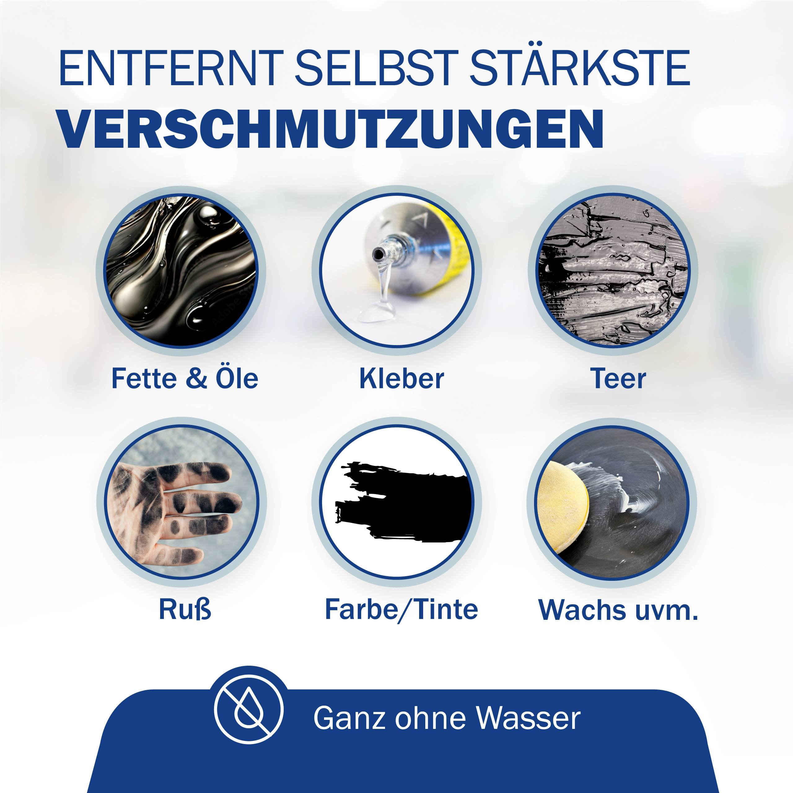 'Entfernt selbst stärkste Verschmutzungen: Fette & Öle, Kleber, Teer, Ruß, Farbe/Tinte, Wachs uvm. Ganz ohne Wasser.'