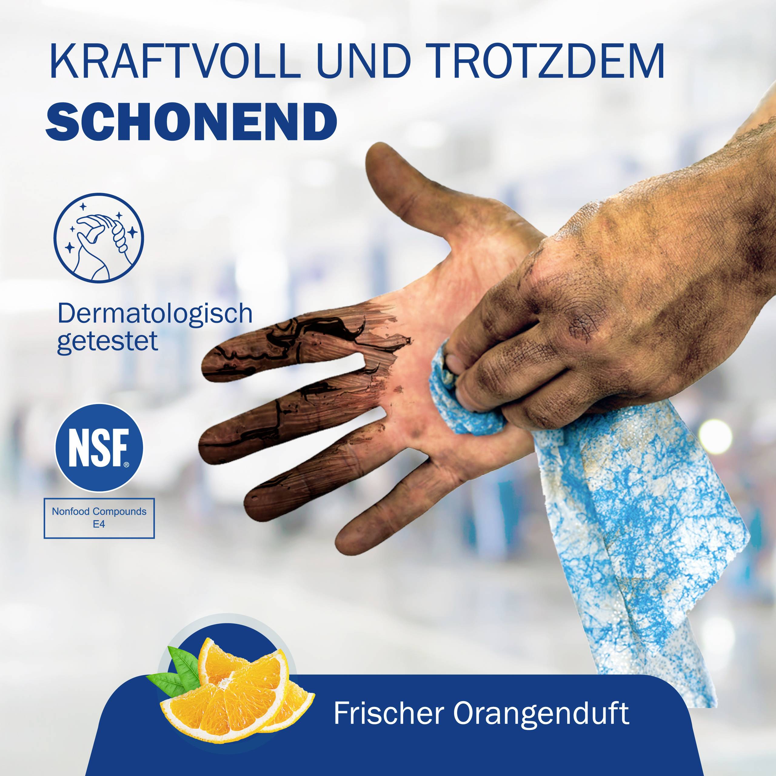 Mann hält Eiswürfel mit der Hand. Text 'Kraftvoll und trotzdem schonend'. Logo 'Dermatologisch getestet'. Duft: Frischer Orangenduft.