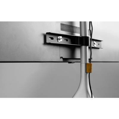 Rückseite eines Monitors mit Wandhalterung und verkabelten Ständer.