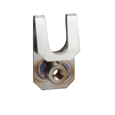 Metallische Halterung mit U-förmiger Öffnung und zentraler Schraubenaufnahme in der Mitte, zeigt Spuren von Schweißnähten.