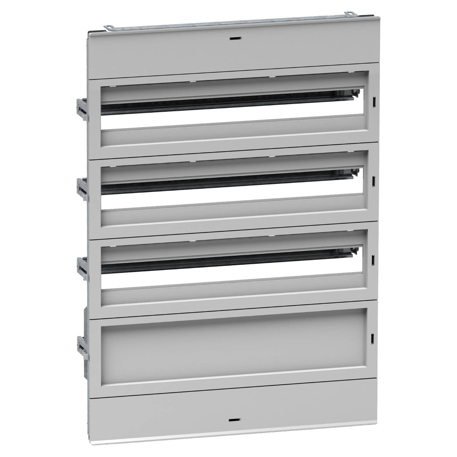 Metallischer Elektroschaltschrank mit vier horizontalen Fächern, zur Aufnahme von elektrischen Bauteilen bestimmt.