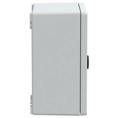 Eine graue, rechteckige Elektrobox, von der Seite betrachtet, mit glatter Oberfläche und Scharnieren am linken Rand.
