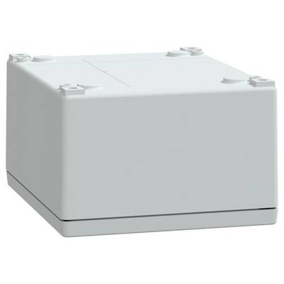 Eine quadratische, graue, Kunststoff-Verteilerdose mit einer glatten, ebenen Oberfläche und vier hervorgehobenen Ecken, die zur Unterbringung elektrischer Anschlüsse verwendet wird.