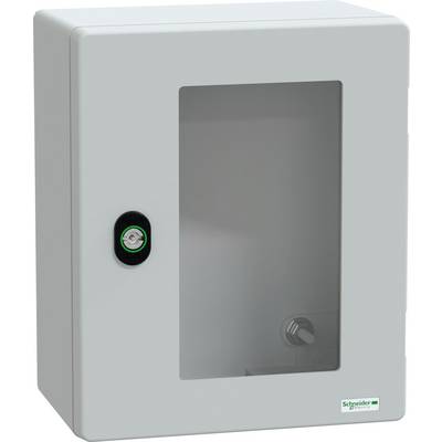 Eine graue, wandmontierte elektrische Steuerbox mit transparentem Frontpanel, Schlüsselschloss und 'Schneider Electric' Logo in der unteren rechten Ecke.
