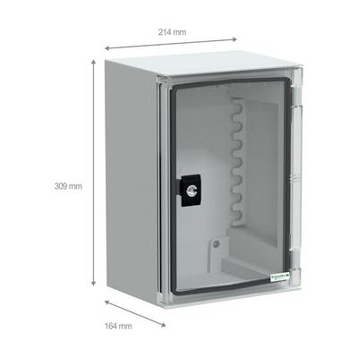 Wandmontierte Kunststoff-Gehäuse von 'Schneider Electric', Abmessungen: 214 mm breit, 309 mm hoch und 164 mm tief, mit abschließbarer transparenter Tür.