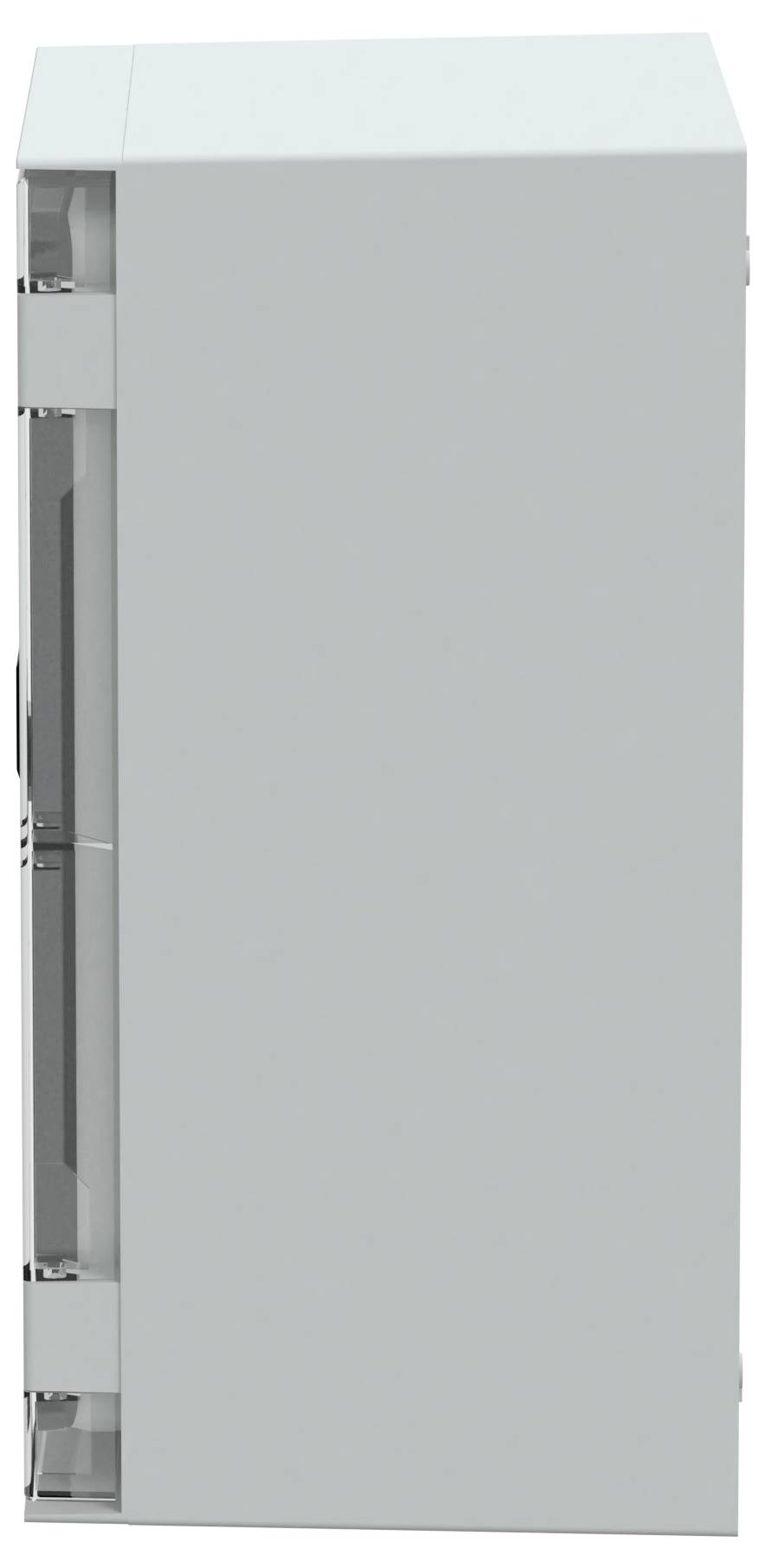 Ein schlichter, rechteckiger Metallschrank mit einer hellgrauen Beschichtung, von der Seite betrachtet, mit einer glatten Oberfläche und klaren Designlinien.