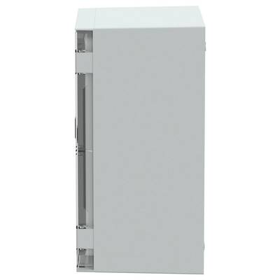 Ein schlichter, rechteckiger Metallschrank mit einer hellgrauen Beschichtung, von der Seite betrachtet, mit einer glatten Oberfläche und klaren Designlinien.