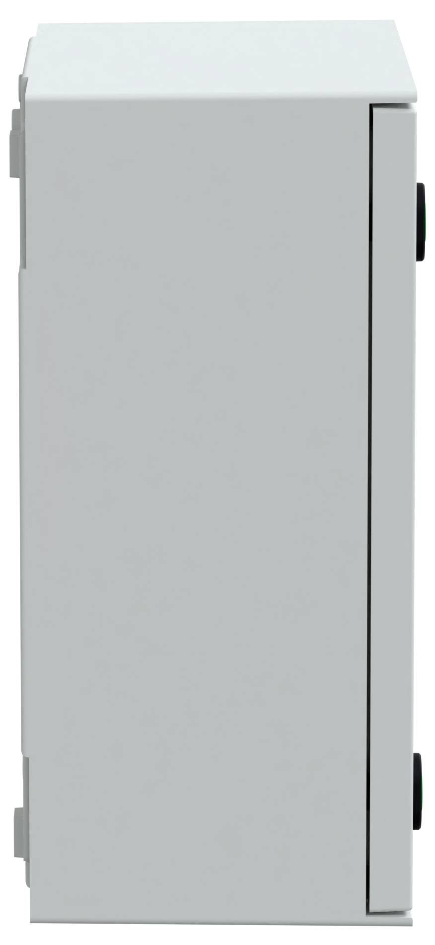 Ein weißer Elektroschrank mit geschlossener Tür, von der Seite betrachtet.