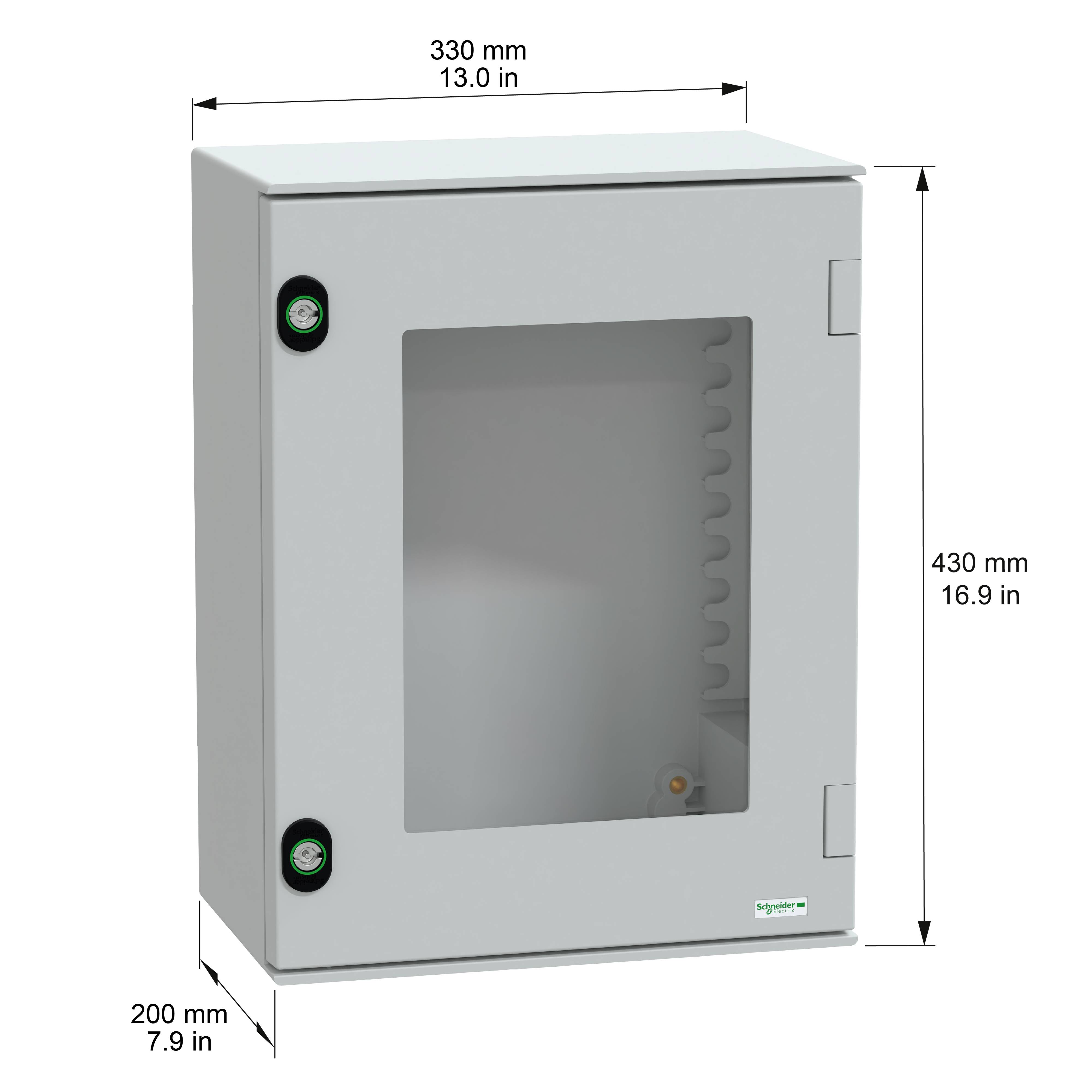 Ein grauer Elektroschrank mit einer transparenten Tür, 330 mm breit, 430 mm hoch und 200 mm tief.