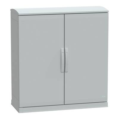 Ein grauer Metallschrank mit zwei Türen und Griffen, ideal zur Aufbewahrung.