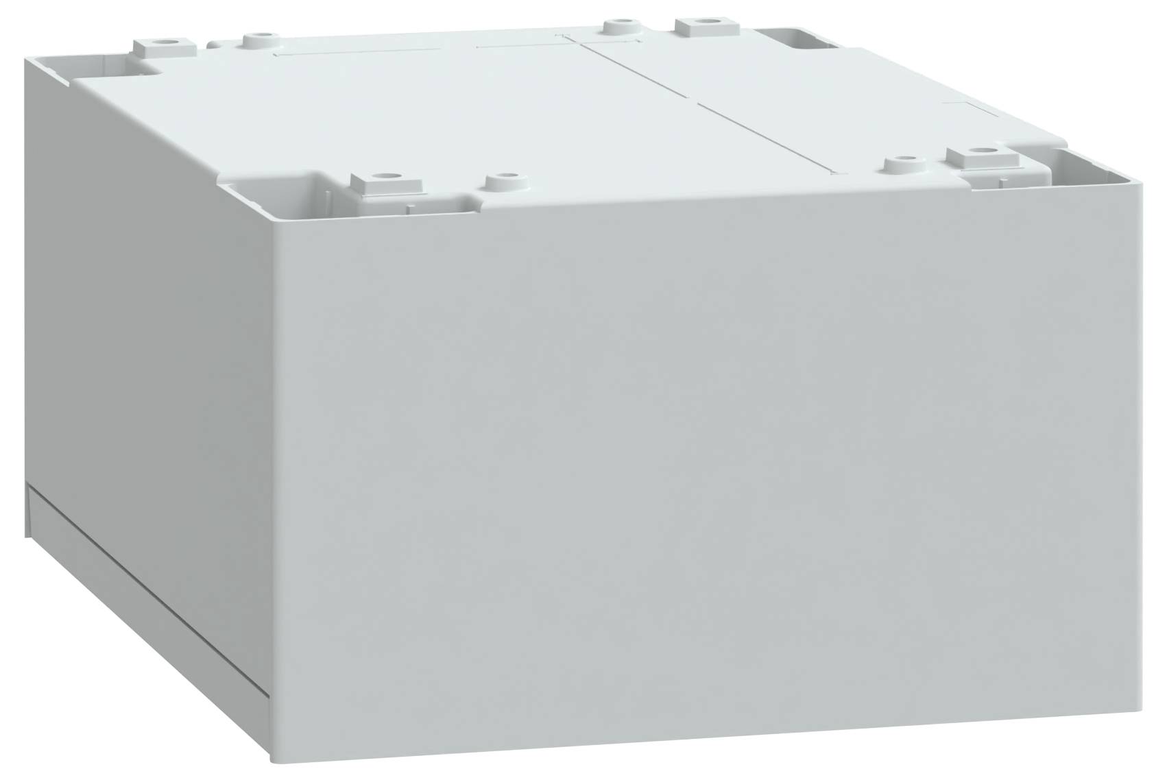 Eine graue, quadratische elektrische Verteilerdose mit einer flachen Oberseite und vier erhöhten Laschen an den Ecken, aus einem schrägen Blickwinkel gesehen.