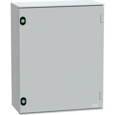 Ein grauer elektrischer Verteilerkasten mit zwei kreisförmigen Schlössern an der Seite, versehen mit einem kleinen Firmenlogo auf der Vorderseite.