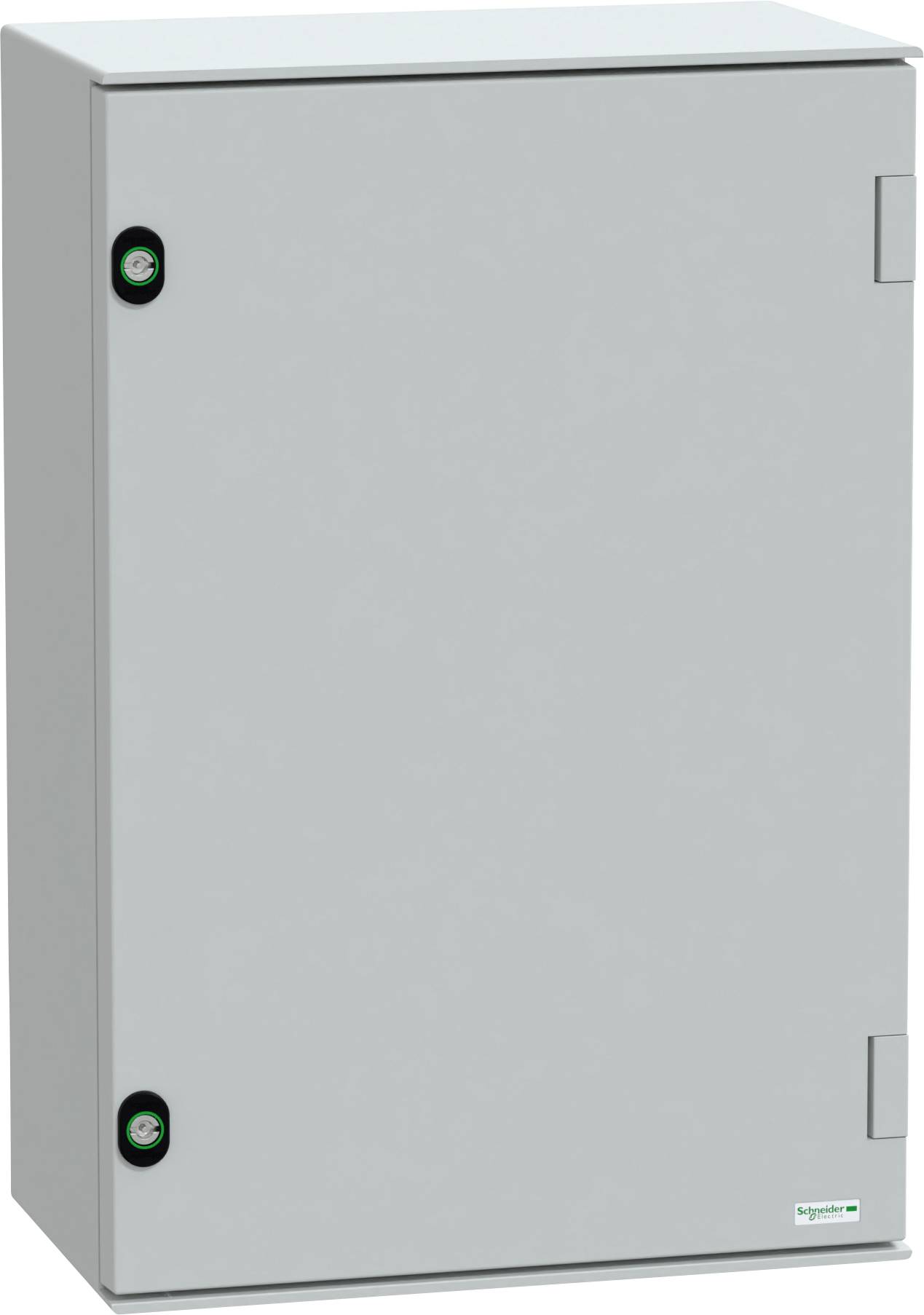 Ein rechteckiges, graues elektrisches Gehäuse mit kleinen, runden grünen Tasten an der Seite, das wahrscheinlich zur sicheren Unterbringung von elektrischen Komponenten im Innenbereich dient.
