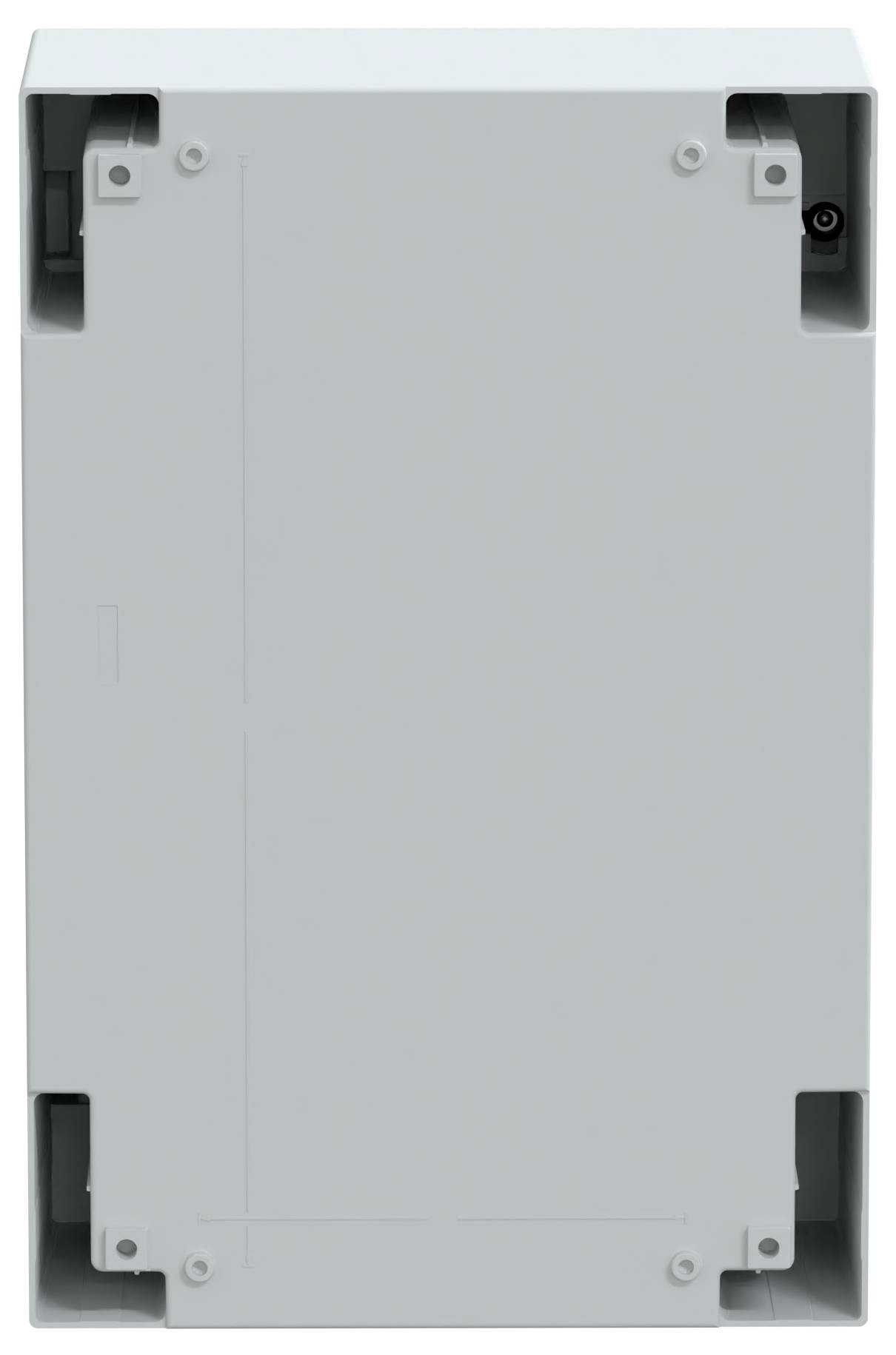 Eine schlichte, hellgraue rechteckige Box mit sichtbaren Schrauben in den Ecken, möglicherweise ein elektrisches oder Netzwerkgerätegehäuse.