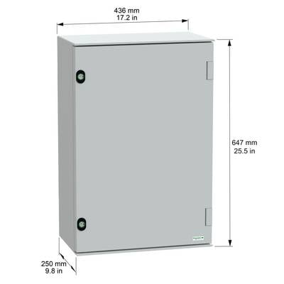 Ein elektrisches Gehäuse mit den Abmessungen 436 mm (17,2 Zoll) Breite, 647 mm (25,5 Zoll) Höhe und 250 mm (9,8 Zoll) Tiefe, dargestellt mit geschlossenen Türen.
