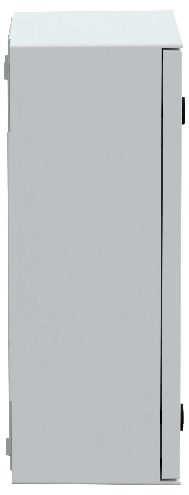 Eine schlichte, rechteckige, hellgraue elektrische Gehäuse oder Schrank, von der Seite betrachtet, mit einer glatten Oberfläche und sichtbaren Scharnieren.