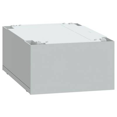Eine hellgraue rechteckige elektronische Gehäuse mit einer glatten Oberfläche und kleinen Vorsprüngen auf der Oberseite, möglicherweise zum Unterbringen von Komponenten.