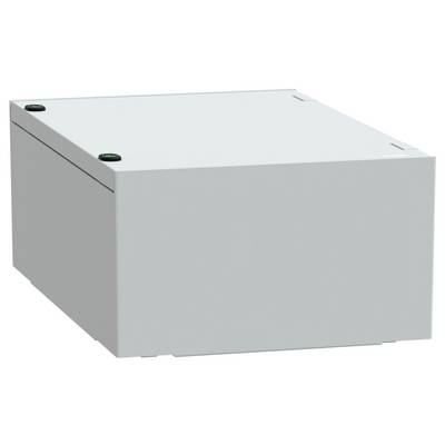 Eine schlichte, geschlossene, rechteckige Metallbox mit zwei kreisrunden schwarzen Knöpfen auf ihrer Oberfläche, wahrscheinlich zur Unterbringung von elektronischen Komponenten.