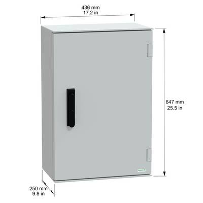 Ein elektrisches Gehäuse mit Abmessungen von 436 mm (17,2 Zoll) Breite, 250 mm (9,8 Zoll) Tiefe und 647 mm (25,5 Zoll) Höhe, ausgestattet mit einem schwarzen Griff.