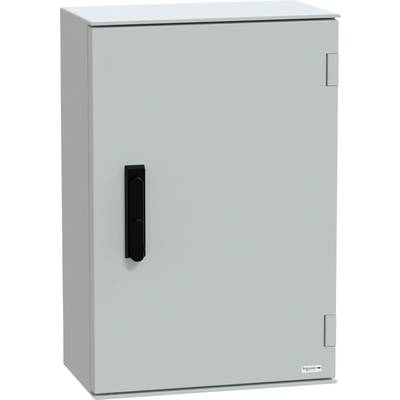Ein grauer elektrischer Schaltschrank mit einem schwarzen Griff, der zur Unterbringung und zum Schutz von elektrischen Komponenten dient.