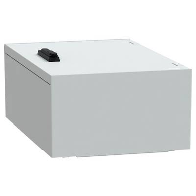 Eine weiße Metallschließbox mit einem schwarzen Griff auf der Oberseite.
