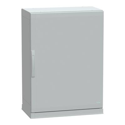 Ein grauer, rechteckiger Schaltschrank mit einer Tür und einem Griff, geeignet für die Aufbewahrung elektrischer Geräte im Freien.