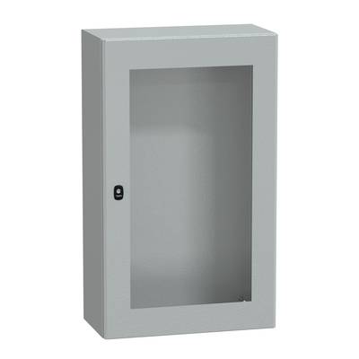 Silbergraues Wandgehäuse mit Glastür und Schloss. Schlichtes Design, geeignet für die Aufbewahrung oder Anzeige von Inhalten.