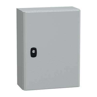 Ein grauer Metallkabelkasten mit schwarzem Schloss, verwendet zur sicheren Unterbringung von elektronischen Anschlüssen oder Verteilerknoten.