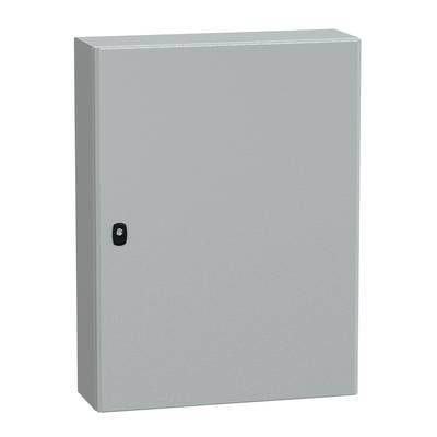 Grauer Metallschrank mit einer kleinen schwarzen Griff an der Vorderseite.