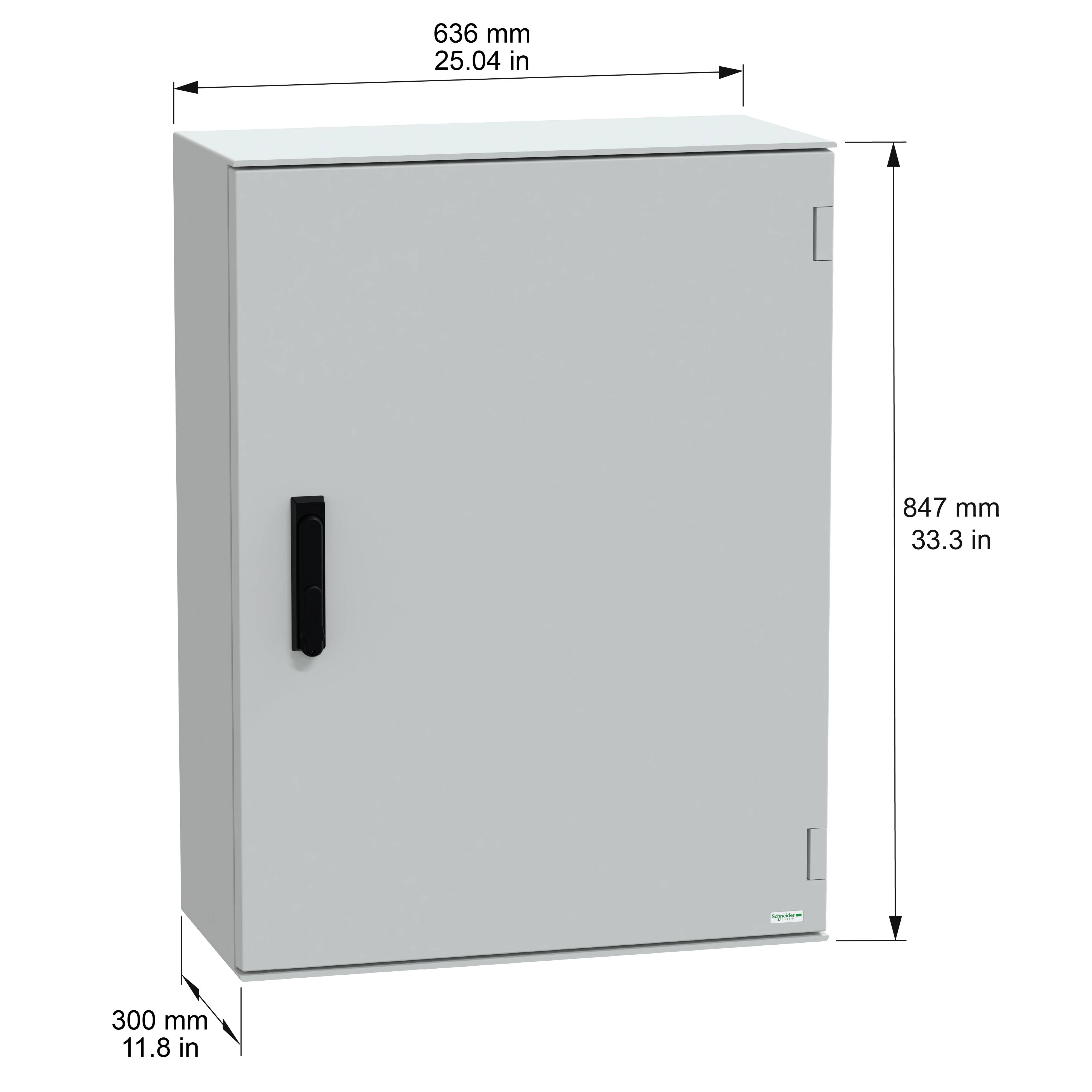 Ein grauer rechteckiger Schrank mit einem schwarzen Griff, mit einer Breite von 636 mm, einer Höhe von 847 mm und einer Tiefe von 300 mm.