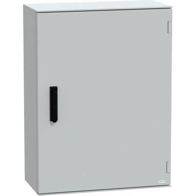 Ein grauer Elektroverteilerschrank mit einem schwarzen Griff, geschlossen, vertikal montiert.