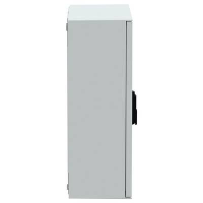 Eine graue, rechteckige Elektrobox mit sichtbarem Scharnier und Verschluss an der Seite.