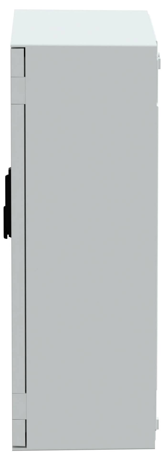 Ein geschlossener weißer Metallschrank, von der Seite betrachtet, mit einem Griff und Scharnieren.