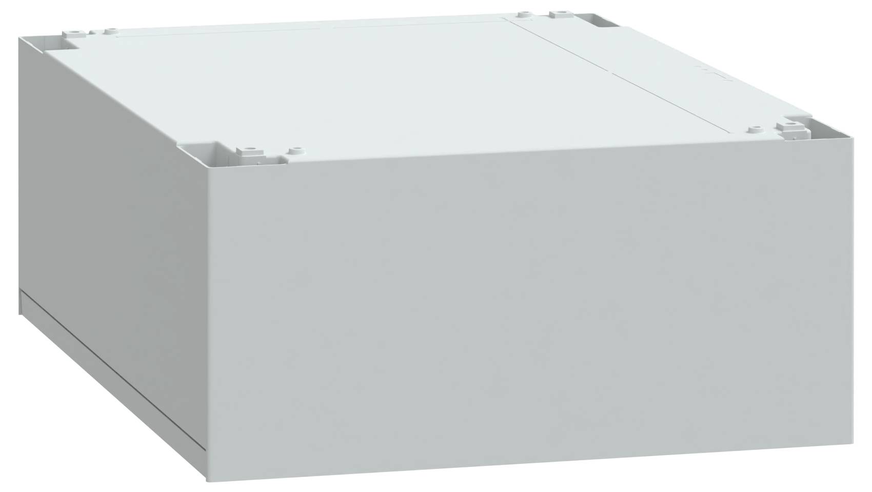Eine schlichte graue rechteckige Box mit leicht abgeschrägten Kanten und einer ebenen Oberfläche.