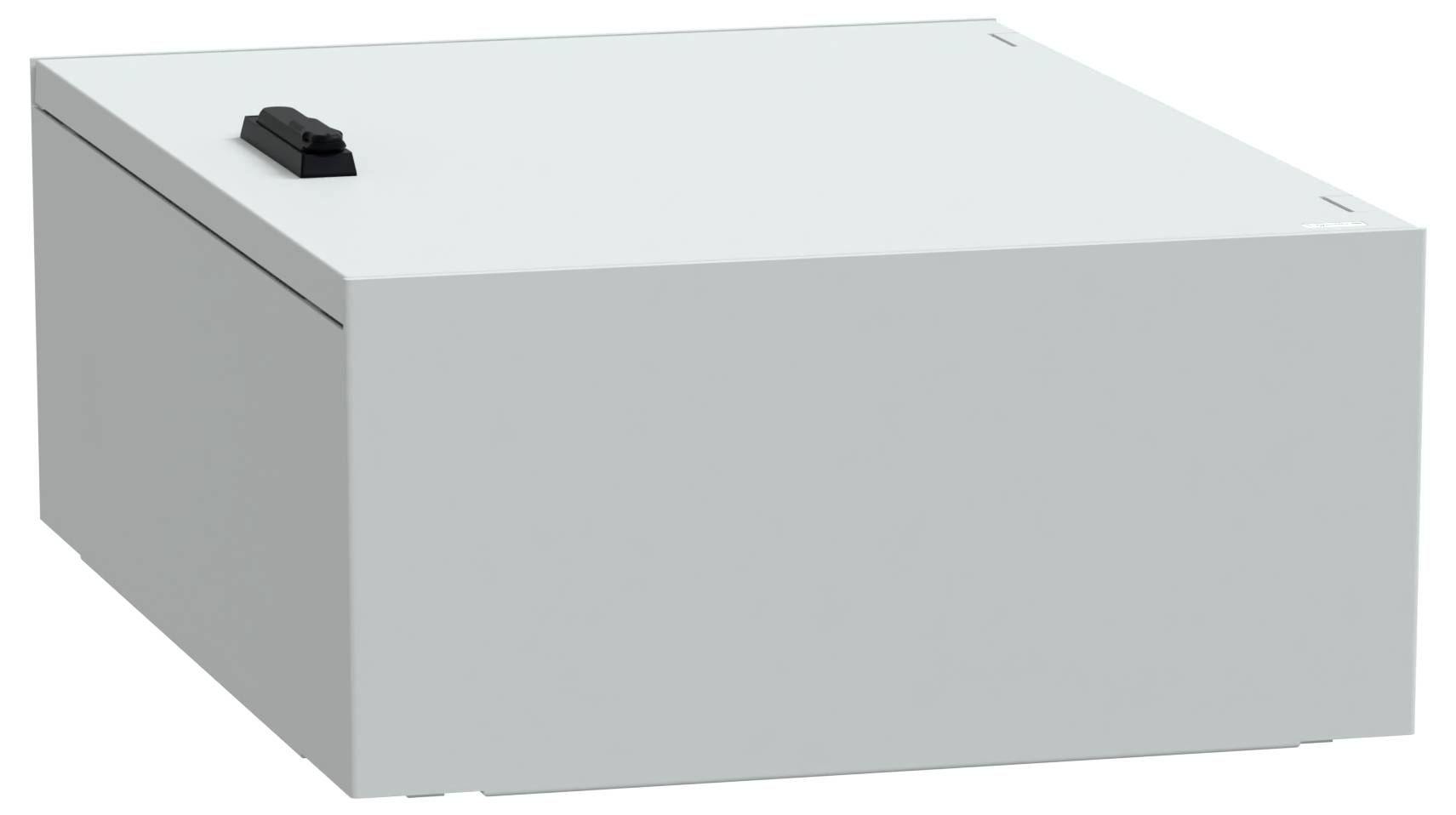 Eine weiße, rechteckige Metallbox mit einem schwarzen Griff oben, von einem leichten Winkel aus betrachtet, möglicherweise zur Aufbewahrung oder als Gehäuse verwendet.