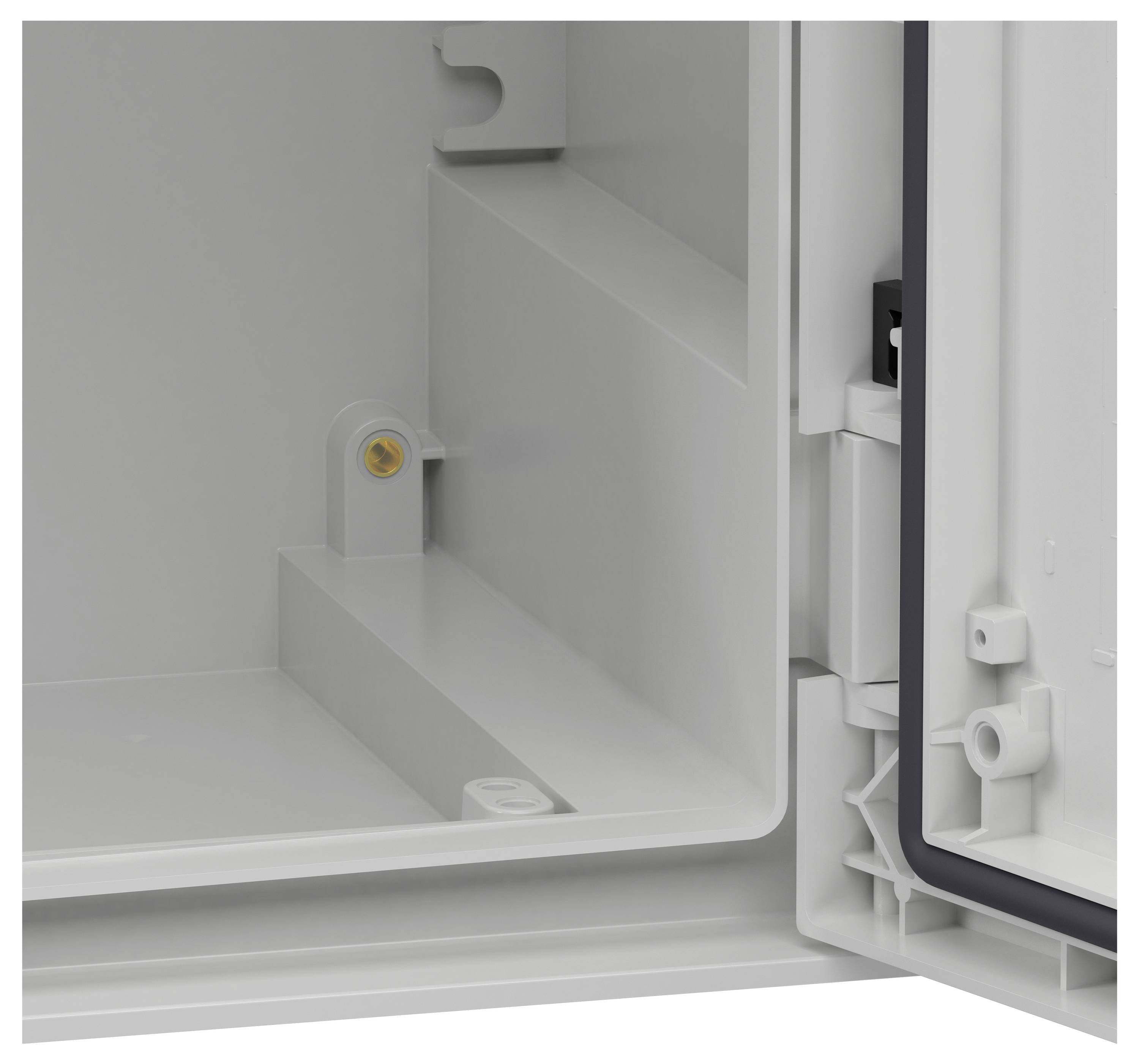 Leere, offene graue Plastikbox mit einer Klappentür, die leicht geöffnet ist und Innenkompartimente sowie eine Dichtungsabdichtung zeigt.