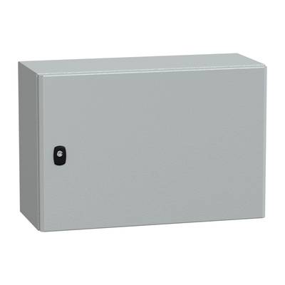 Ein grauer Metallschrank mit schwarzem Schließmechanismus an der linken Seite.