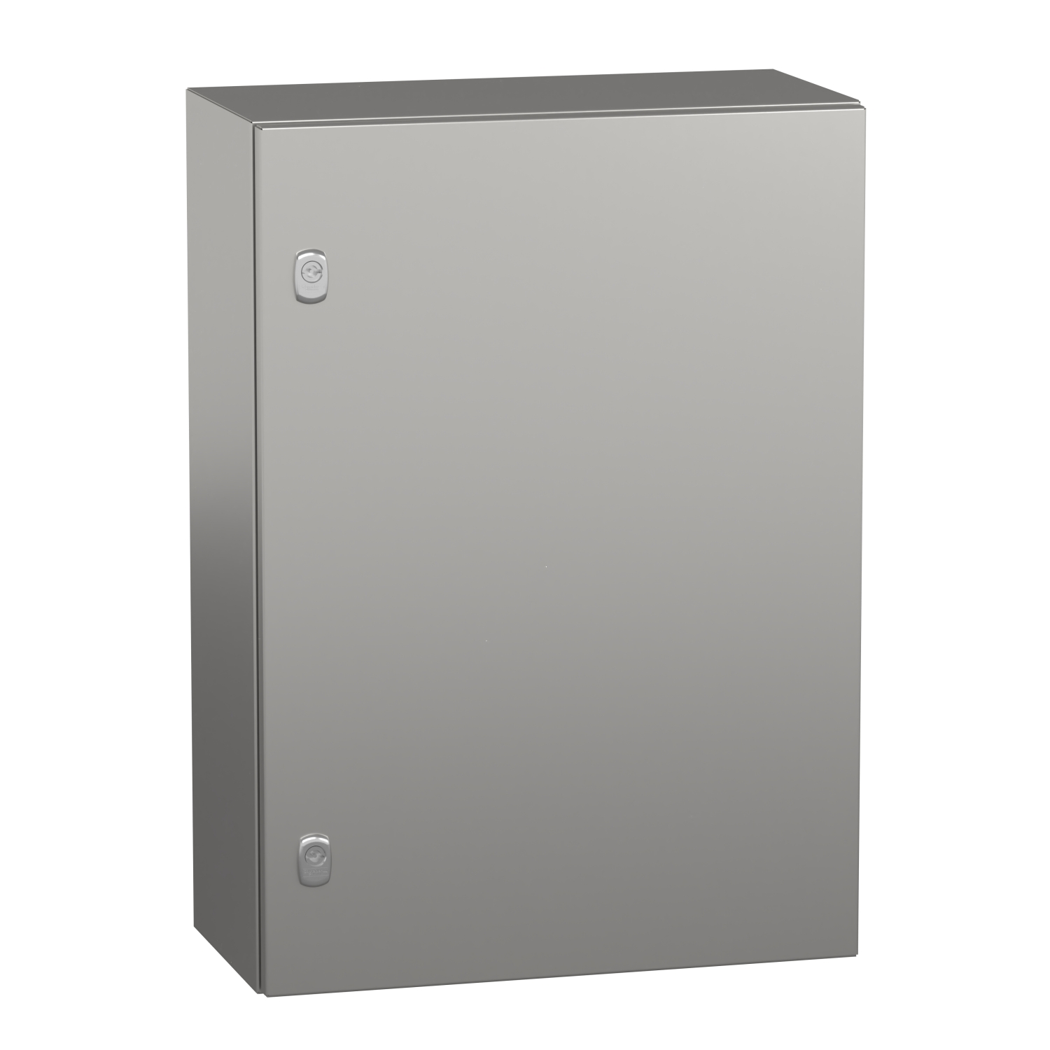 Metallschrank mit zwei Schlössern, rechteckig und grau.