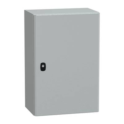 Ein grauer Metallschrank mit einer Tür und einem Seitengriff, geeignet zur Aufbewahrung von Elektrogeräten oder Werkzeugen.