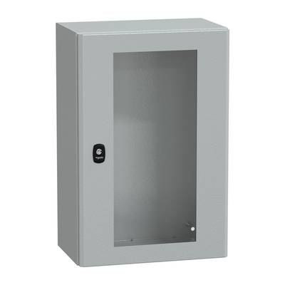 Metallschrank mit Glastür, seitlicher Schwenkgriff zum Verschließen. Geeignet zur Aufbewahrung von Dokumenten oder Geräten.