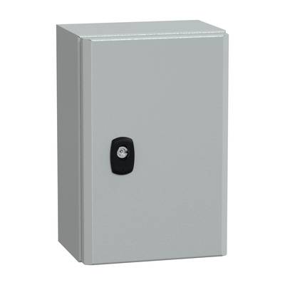 Ein grauer Metallschrank mit Tür und Schloss, geeignet für die Aufbewahrung von Elektronik oder Werkzeugen in industriellen Umgebungen.