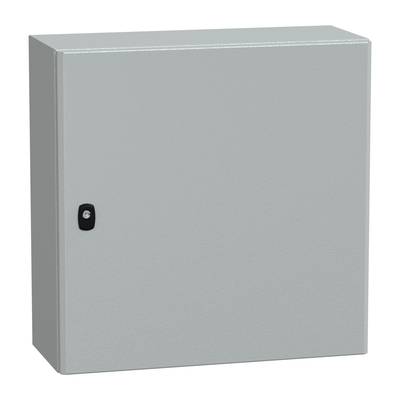 Metallischer Schaltschrank mit geschlossener Tür und Griff auf der linken Seite, schlichtes Design ohne sichtbare Anzeigen oder Symbole.