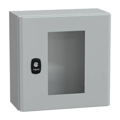 Ein grauer Metallkasten mit Glastür und Schloss, oft zur sicheren Aufbewahrung elektrischer Schaltanlagen verwendet.