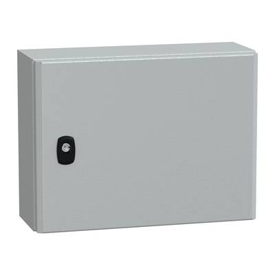 Ein rechteckiger, grauer Metall-Schaltschrank mit einer schwarzen Türverriegelung; für technische oder elektrische Installationen geeignet.