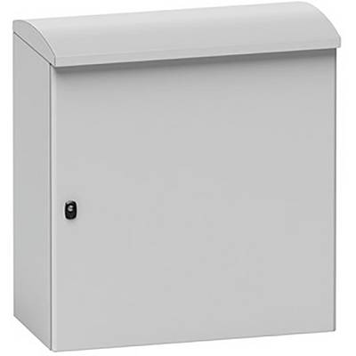 Grauer Briefkasten mit abgerundeter Oberkante, Wandmontage, schlichte Oberfläche.