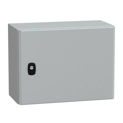 Grauer Metallschrank mit schwarzem Schloss in der Mitte. Schlichtes Design, geeignet zur Aufbewahrung oder Funktion als Sicherungskasten.