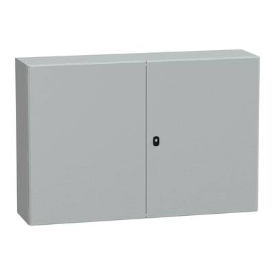 Grauer Metallschrank mit zwei Türen und einem kleinen schwarzen Griff in der Mitte.