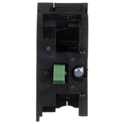 Vorderansicht eines schwarzen Elektroschutzschalters mit einem grünen Schalter und einer silbernen Schraubenklemme.