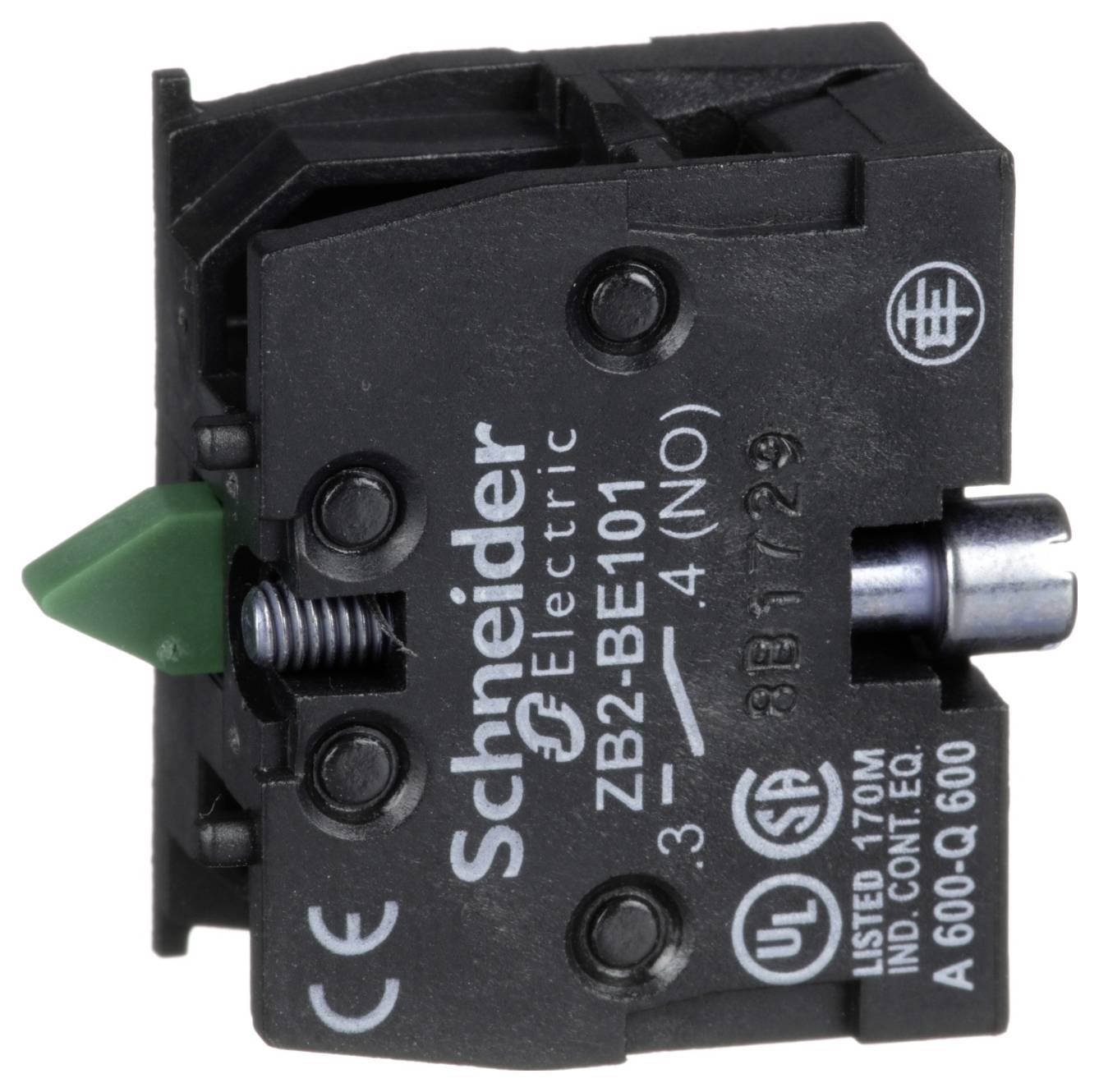 Nahaufnahme eines industriellen Druckschalter-Kontaktblocks Schneider Electric ZB2-BE101 mit grünem Betätiger und Anschlusskennzeichnungen.